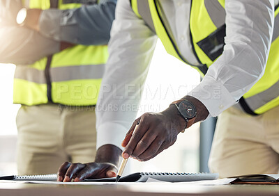 Buy stock photo Construction team, architect show plan or blueprint to worker, for work on building or development. Black contractor or engineer, with safety clothing planning new design or architecture sketch