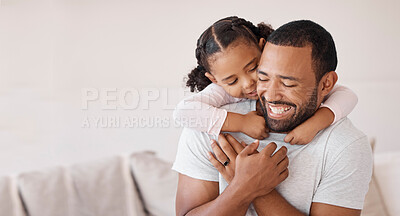 Buy stock photo Kid hugging dad in lounge for happy fathers day, love and care while relaxing, bonding and funny play at home. Mockup with excited girl child, smile parent man and laughing family happiness together