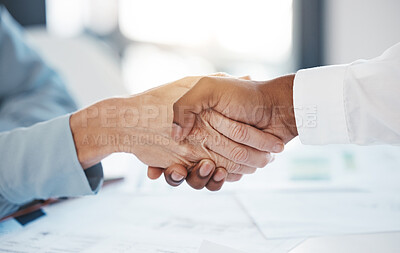 Buy stock photo Business, deal and partnership handshake with diversity people shaking hands in new start b2b office negotiation. Hiring, closeup and hands of man and woman partner celebrate successful collaboration