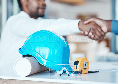 Buy stock photo Architect partnership, client handshake and construction worker meeting for thank you, deal or onboarding. Businessman and contractor shaking hands happy with design planning agreement or negotiation