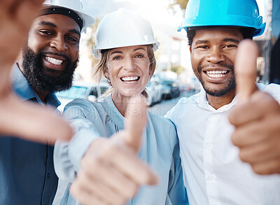 Buy stock photo Thumbs up, success of engineer people or architect people with helmet safety gear outdoor. Trust, like and diversity portrait of construction worker group teamwork and hand sign or icon for happy job