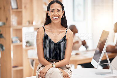 Buy stock photo Smile, happy and business woman, desk portrait at work with blurred background. Leadership, motivation and smiling manager, leader or employee sitting with success, vision and confidence in office