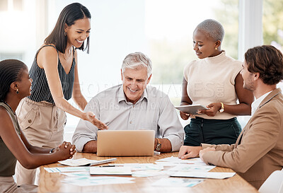 Buy stock photo Digital vision, diversity and teamwork of a happy team in an office tech accounting meeting. Corporate business meeting of finance workers working and planning a finance agenda and financial project
