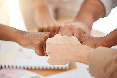 Buy stock photo Fist bump, collaboration and team building after a business meeting on planning, diversity and our vision as a company. Global, mindset and solidarity as a group with motivation, hands and goals