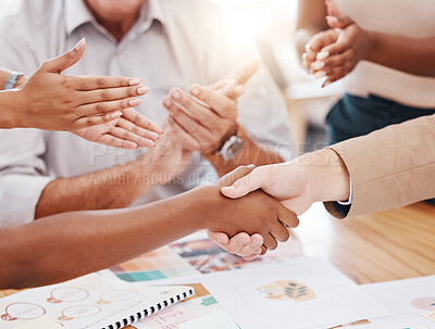 Buy stock photo Business people handshake for promotion, celebration or b2b contract deal with group or team applause in office meeting. Diversity project women shaking hands for teamwork, commitment and onboarding
