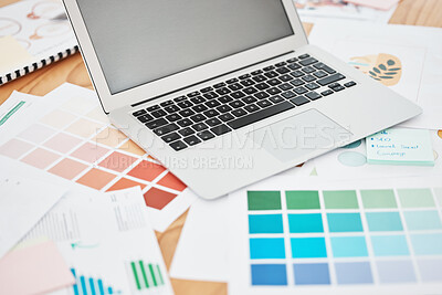 Buy stock photo Creative color swatch, laptop planning and paperwork for designer, marketing and advertising strategy on office desk. Background creativity project, art documents and paint catalog for online graphic