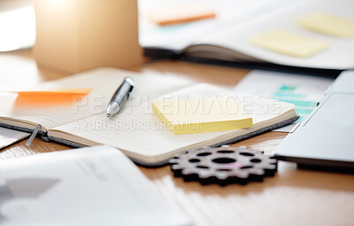 Buy stock photo Table, paperwork and sticky note planning, strategy and brainstorming notebook at an office. Business work desk of gadgets for scheduling, ideas and writing notes for project data and information