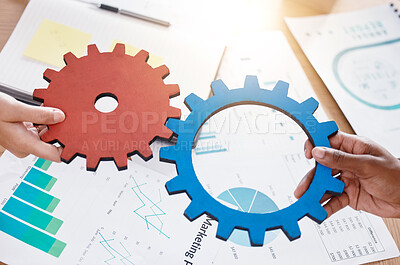 Buy stock photo Hand, gear and teamwork with parts in the hands of business people working together as a team for synergy in the office. Collaboration, strategy and marketing with an advertising employee at work