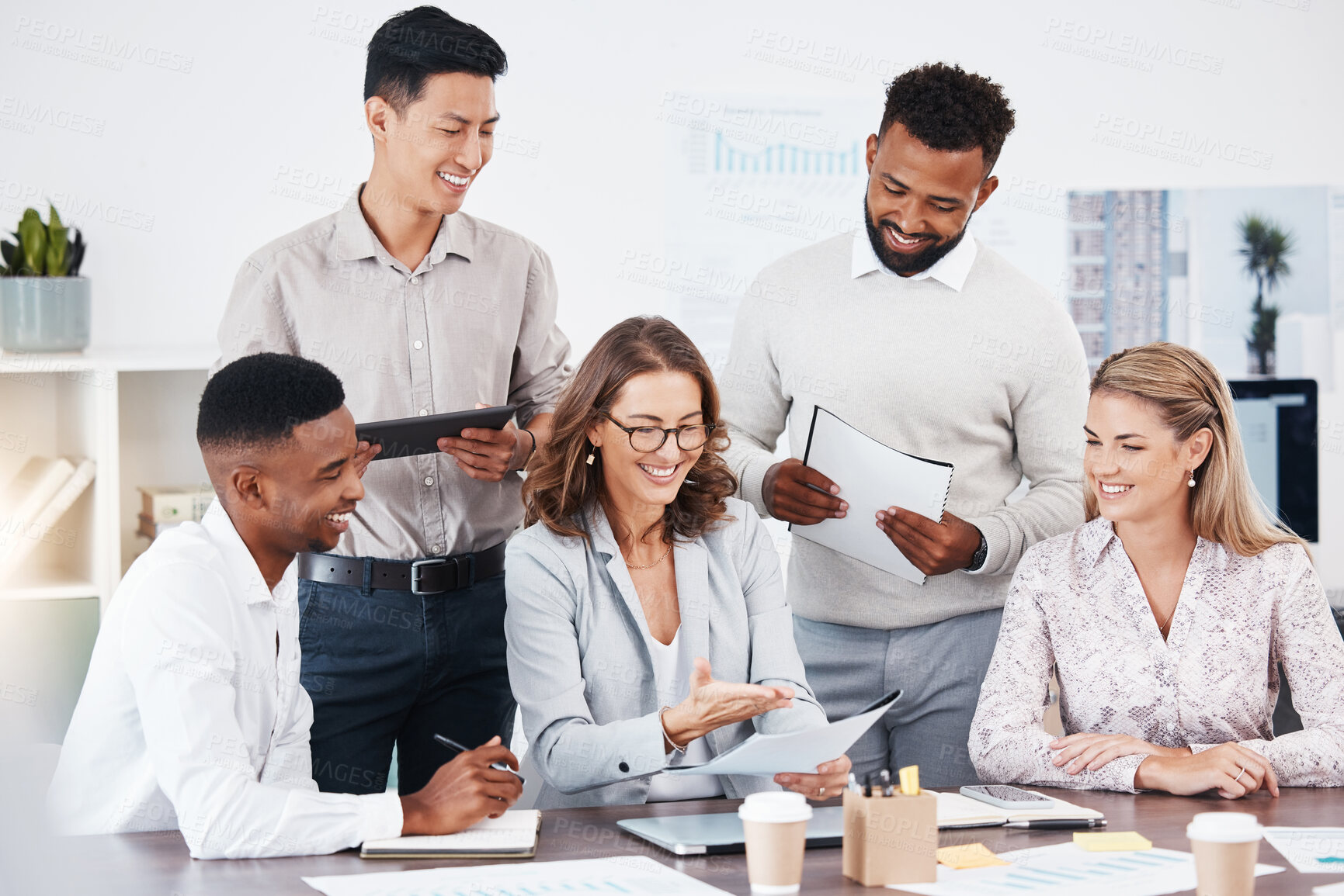 Buy stock photo People, manager and business meeting paperwork discussion, KPI review or finance report with proposal document. Teamwork, leadership and collaboration group talking, planning and working on strategy