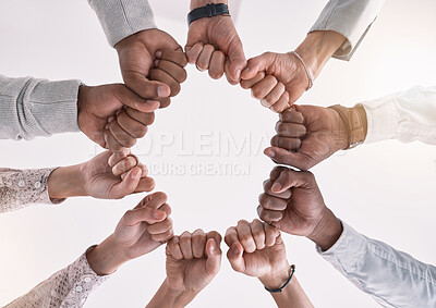 Buy stock photo Hands, teamwork and fist for business meeting support, motivation and success of global market strategy startup company. Collaboration, target goal and mission of corporate is diversity and job trust