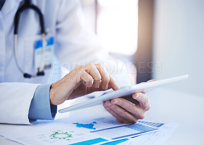 Buy stock photo Internet, digital and doctor on tablet in hospital for research and analysis. Healthcare, medicine and medical care and doctors using technology, science and online for modern innovation
