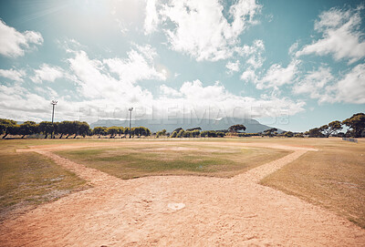 Buy stock photo Empty baseball field, stadium or sport softball park for competition, training or tournament match. Sports, ball game or exercise, recreation or grass lawn nature area with pitch circle blue sky view