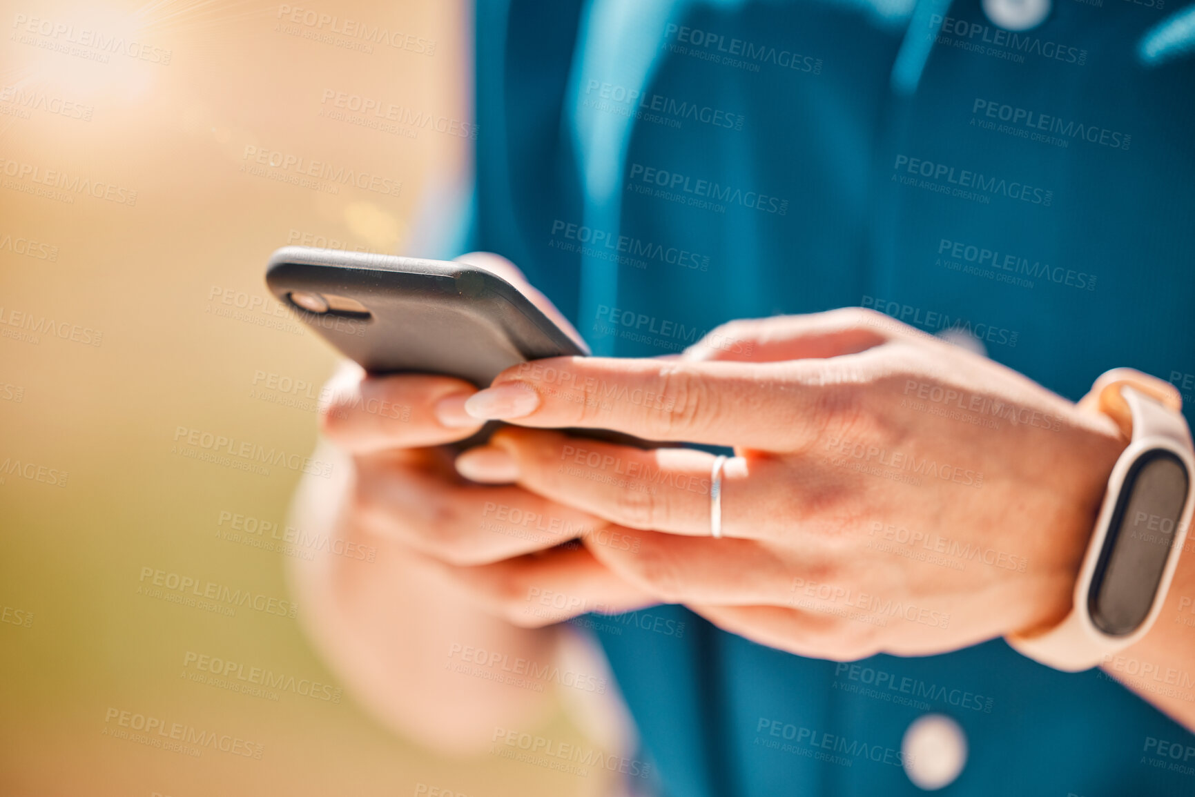 Buy stock photo Woman hands on a phone for communication, social media and connection with technology closeup. Girl browsing on social network, doing research on the internet or typing a message with a smartphone