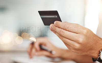 Buy stock photo Credit card, banking and ecommerce personal data of woman hands document debit numbers. Business person writing accounting purchase information for finance record, paperwork or financial notes