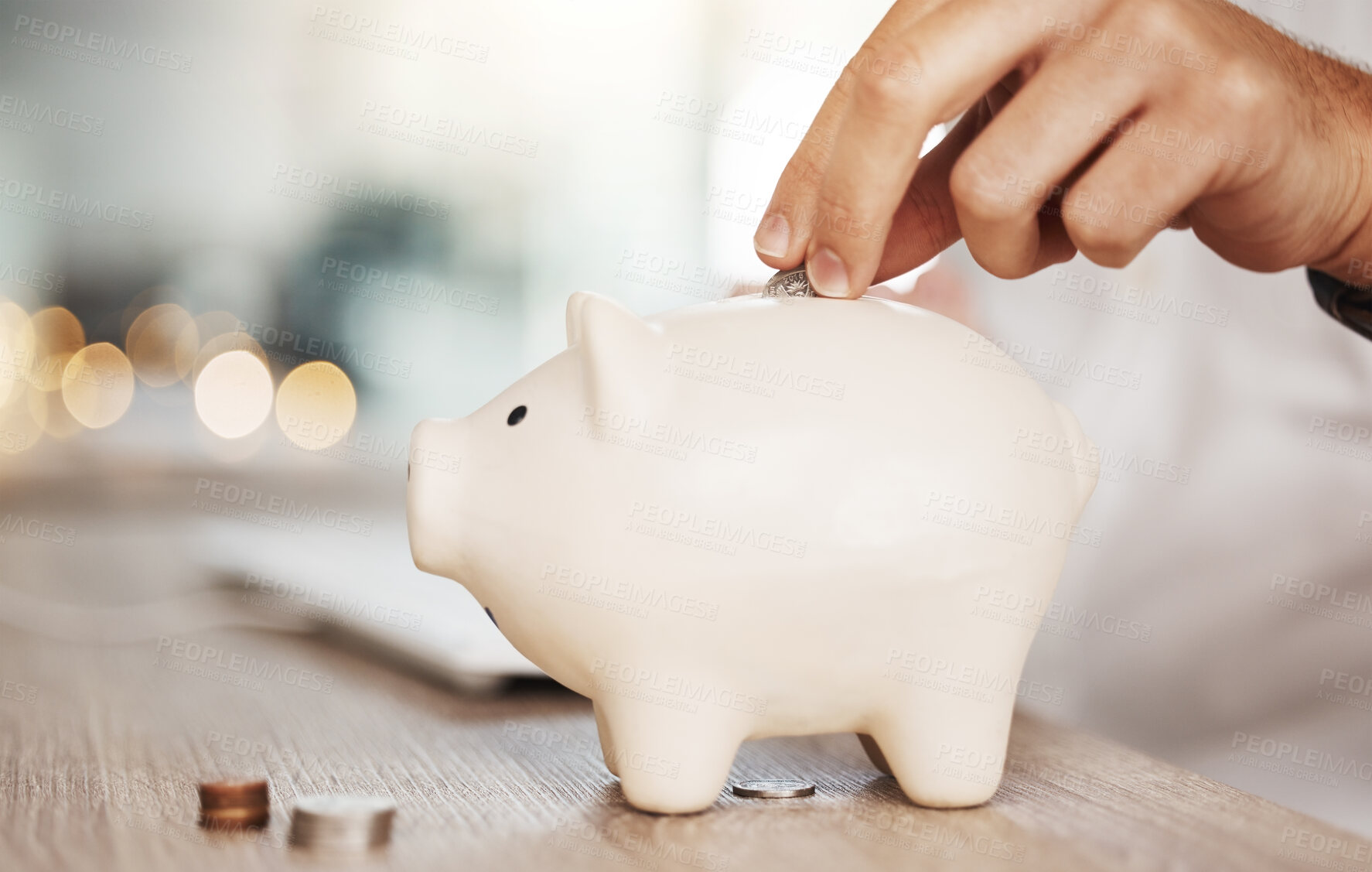 Buy stock photo Piggy bank savings, investment and hand with money, coin or silver investing in future wealth, financial growth or economy wealth. Accounting man saving change or cash for profit, finance and budget