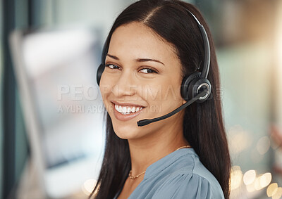 Buy stock photo Customer service, corporate portrait of woman in telemarketing business working in office. Professional helpdesk support operator girl working in consulting career with confident smile.