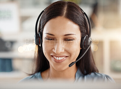 Buy stock photo Contact us, telemarketing and crm, a woman in customer service with headset and a smile on her face. Happy to help, call center agent or sales consultant on phone call, support and consulting online