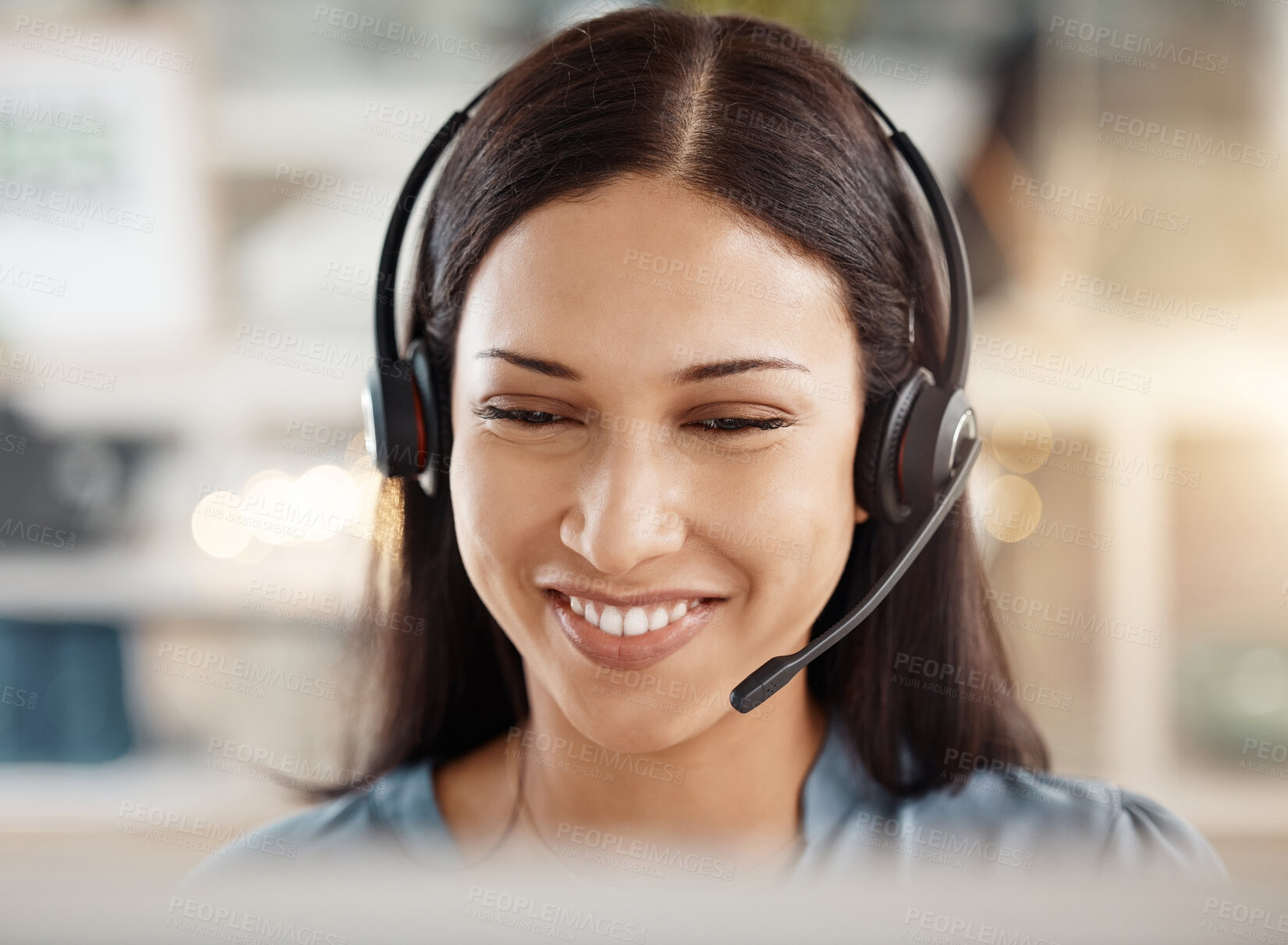 Buy stock photo Contact us, telemarketing and crm, a woman in customer service with headset and a smile on her face. Happy to help, call center agent or sales consultant on phone call, support and consulting online