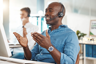 Buy stock photo Call center, telemarketing and customer service with a business man working in an office and consulting on a headset. Help, crm and contact us with a black male consult at work on a computer