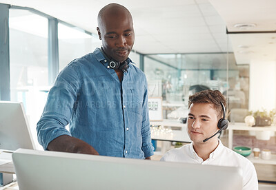 Buy stock photo Man learning customer service training for telemarketing call center job, talking about crm and online support skills. Responding to contact us forms, questions and helping give customers good advice