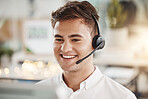 Telemarketing customer support and web help man consultant on an office digital phone call. Happy internet call center worker and agent with headset working on crm contact us tech consulting
