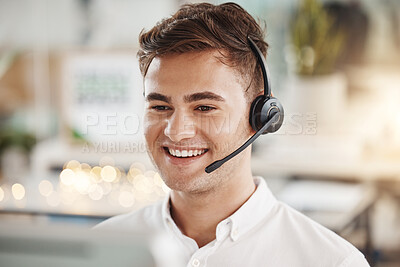 Buy stock photo Telemarketing customer support and web help man consultant on an office digital phone call. Happy internet call center worker and agent with headset working on crm contact us tech consulting
