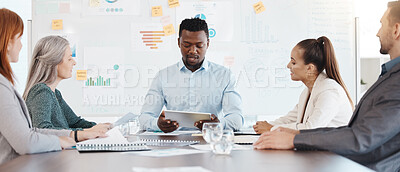 Buy stock photo Business meeting, planning and teamwork marketing of diversity startup with strategy chart, graph and documents. Corporate advertising manager in collaboration, leadership and success of target goal