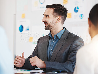 Buy stock photo Business meeting, leadership and corporate man, manager or leader work for SEO, data analysis and accounting training. Happy employee and executive discussing financial information with team 