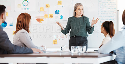 Buy stock photo Manager doing a presentation in business meeting with financial charts, data and graphs. Collaboration, strategy and teamwork of professional accounting leader and employees in office conference room