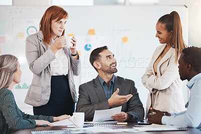 Buy stock photo Business man leadership talking to marketing office teamwork meeting, strategy planning and happy collaboration. Manager, diversity group of people and working seminar discussion with staff agency