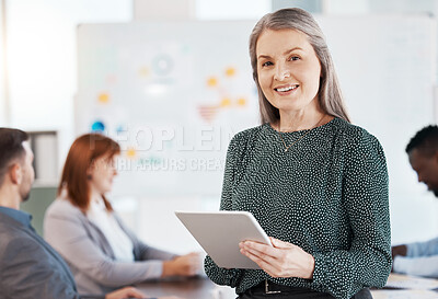 Buy stock photo Ceo, leadership or manager on digital tablet while standing in a presentation in the office. Portrait of a corporate boss in business meeting with her team or employees in the company conference room