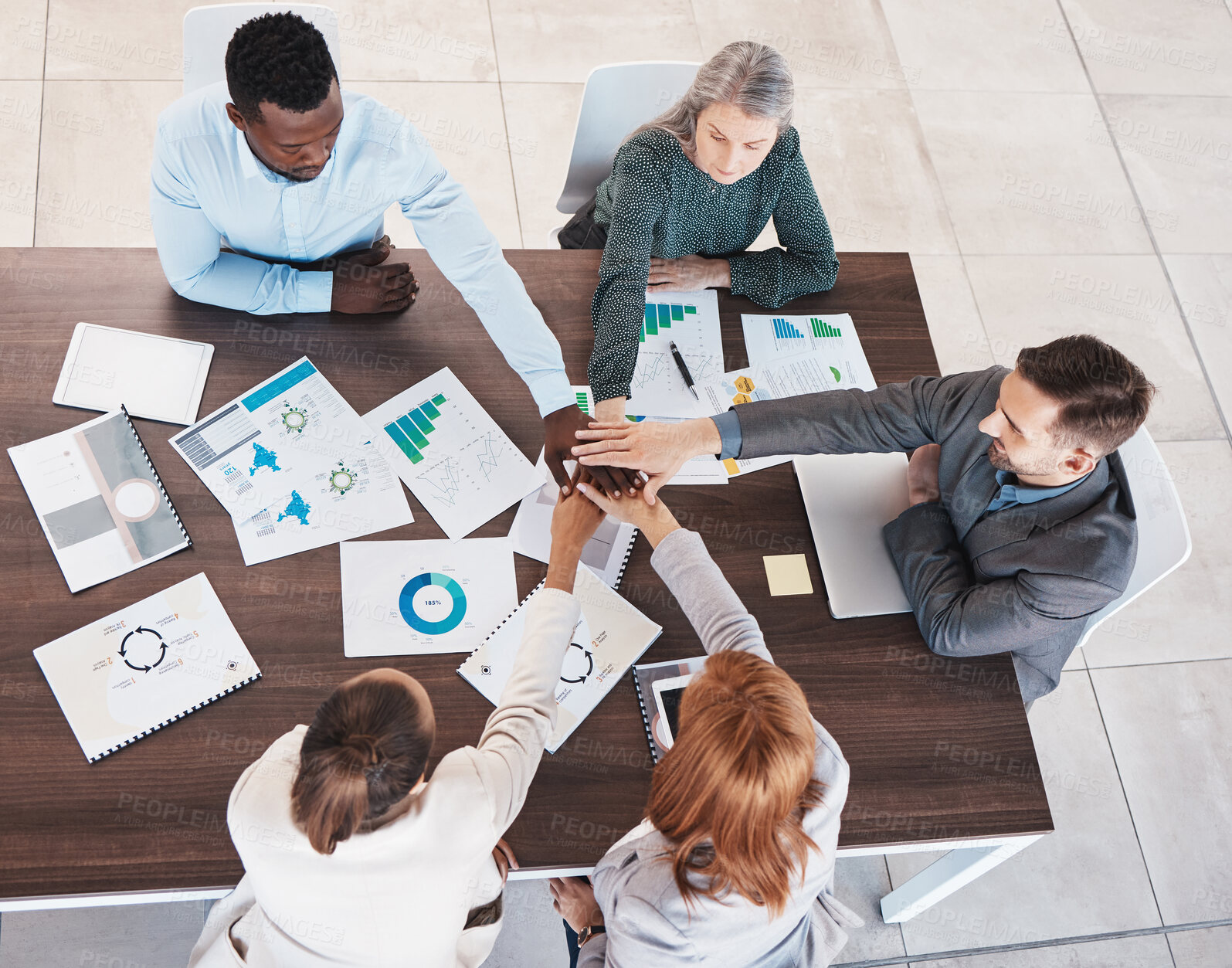 Buy stock photo Team, hands together and meeting collaboration about analytics of sales revenue, growth and group development project. Top view, global and business people planning our vision, target and mission 