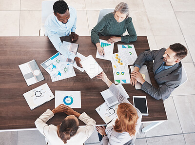 Buy stock photo Business meeting, planning and marketing with employee and top view of documents for strategy, teamwork and collaboration. Vision, conference and support with business people at desk in office