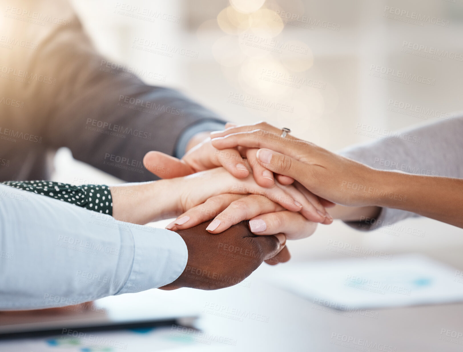 Buy stock photo Hands, support and team building trust in collaboration, teamwork and motivation for global company success. Zoom, men and women diversity in office after a business meeting with strategy target goal