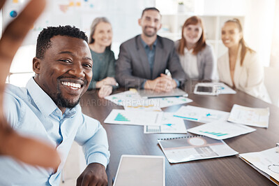 Buy stock photo Diversity, business people and selfie in corporate meeting at the boardroom office for team success. Happy group of diverse employee workers smile in workshop discussion, strategy and teamwork plan