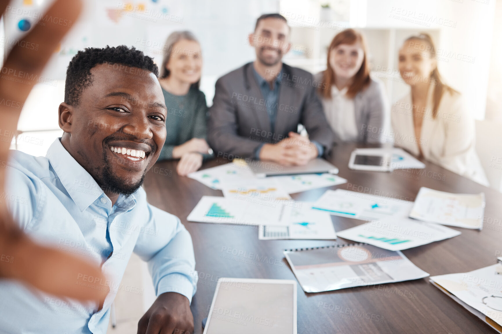 Buy stock photo Diversity, business people and selfie in corporate meeting at the boardroom office for team success. Happy group of diverse employee workers smile in workshop discussion, strategy and teamwork plan