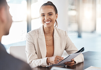 Buy stock photo Business contract, client and woman marketing employee with a smile in a meeting room. Happy corporate worker working on advertising pitch for a b2b and crm partnership feeling happiness and success