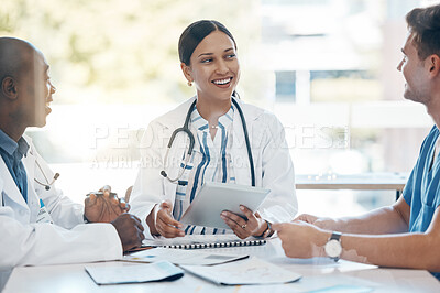 Buy stock photo Doctors and nurse in meeting with tablet for telehealth finance planning, hospital kpi report and medical budget. Teamwork, group of people and healthcare worker happy with document results analysis