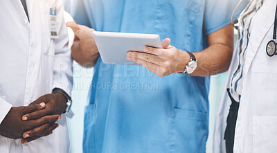 Buy stock photo Teamwork, healthcare and doctors planning on digital tablet, sharing advice and checking online schedule in a hospital. Communication, strategy and innovation closeup of health experts sharing vision