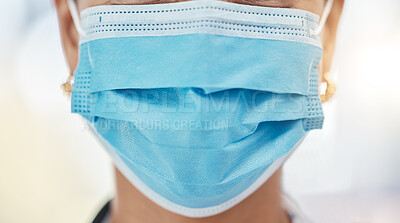 Buy stock photo Healthcare, covid and doctor with surgical mask, face closeup and cropped. Safety in hospital for medical worker in surgery or research. Protection against virus and infection for woman in medicine.