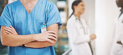 Buy stock photo Nurse, doctor and trust in healthcare hospital, medical and wellness room after teamwork collaboration meeting. Clinic hands, arms crossed or motivation medicine support for insurance surgery success