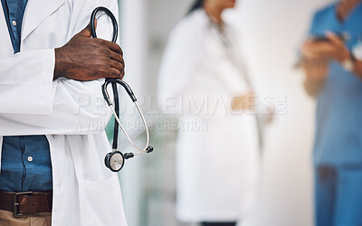 Buy stock photo Hands, stethoscope and black man medical doctor at hospital to help, consulting research and healthcare exam. Male cardiologist professional with innovation medical tool for cardiology lab test work