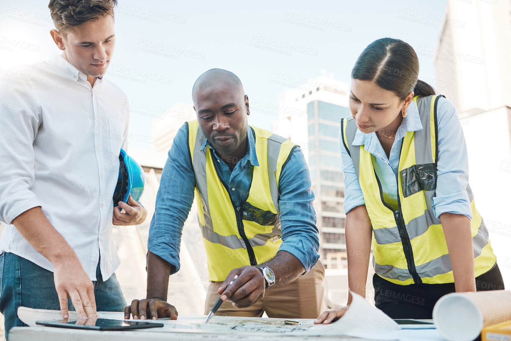 Buy stock photo Construction planning, architect design and drawing creative architecture strategy on paper, meeting of building and working on illustration. Engineer team in collaboration for city development