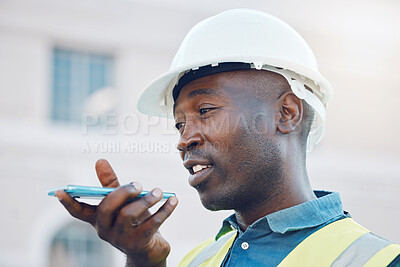 Buy stock photo Communication, safety and a construction worker on phone call or sending voice note. A black man, engineer or builder on mobile at building site. Contractor working and talking on smartphone outdoors
