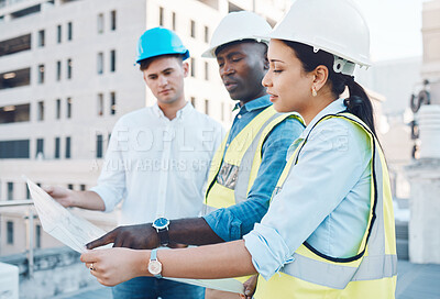 Buy stock photo Engineer, architect and planning with blueprint on a construction site with teamwork, collaboration and support. Diversity, paper and architecture design with industrial team working on building