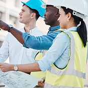Architect, blueprint or building engineer meeting or planning ...