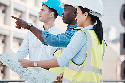 Buy stock photo Architect, blueprint or building engineer meeting or planning architecture design strategy. Team diversity, construction teamwork or property leader with real estate innovation, vision or design