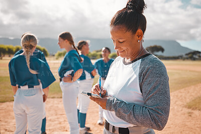 Buy stock photo Baseball notes, sports game and woman in collaboration with team on field, writing strategy for performance in competition and planning goal on paper. Sport coaching leader working on plan at match