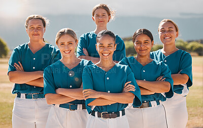 Buy stock photo Baseball, happy and women team with arms crossed on a sport field after practice or a game. Teamwork, collaboration and support with a proud group of girl athletes ready to support, win and play