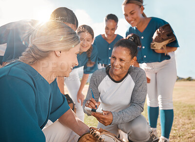 Buy stock photo Baseball, sports and coach in team management, collaboration and development during practice on the outdoor pitch. Happy competitive women in sport discussion, coaching and training for game or match